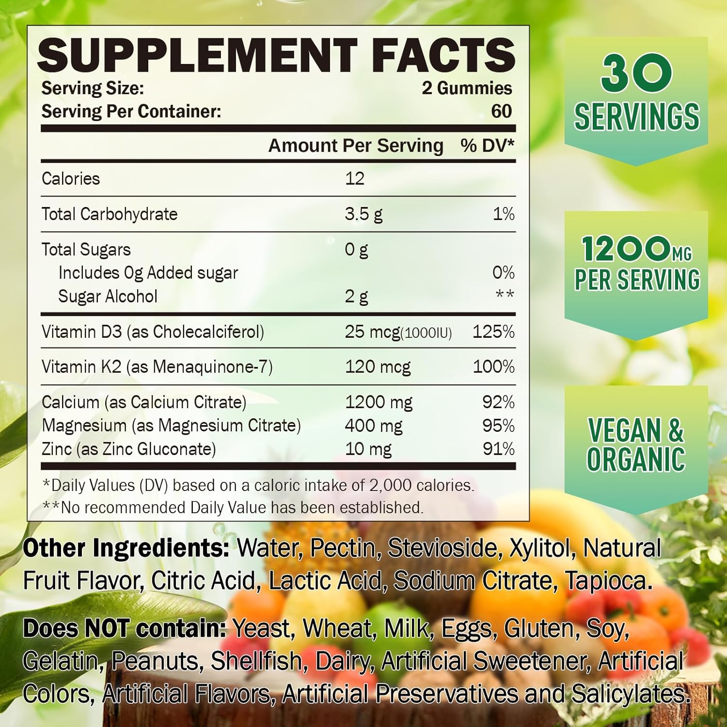 Calcium Citrate Gummies 1200 mg for Kids & Adults, Sugar Free, with Vitamin D3, K2, Magnesium, Zinc, Bone Support for Women & Elders, Natural Pineapple Flavor, 120 Gummies