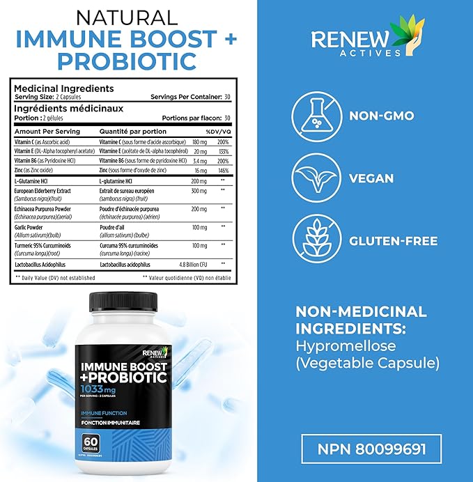 RENEW ACTIVES Antioxidant – Elderberry, Probiotics, Zinc, Vitamin C & Organic Turmeric 700MG per 2 Capsules – For Immune Function, Collagen Formation, & Overall Wellness – Made in Canada - 60 Capsules