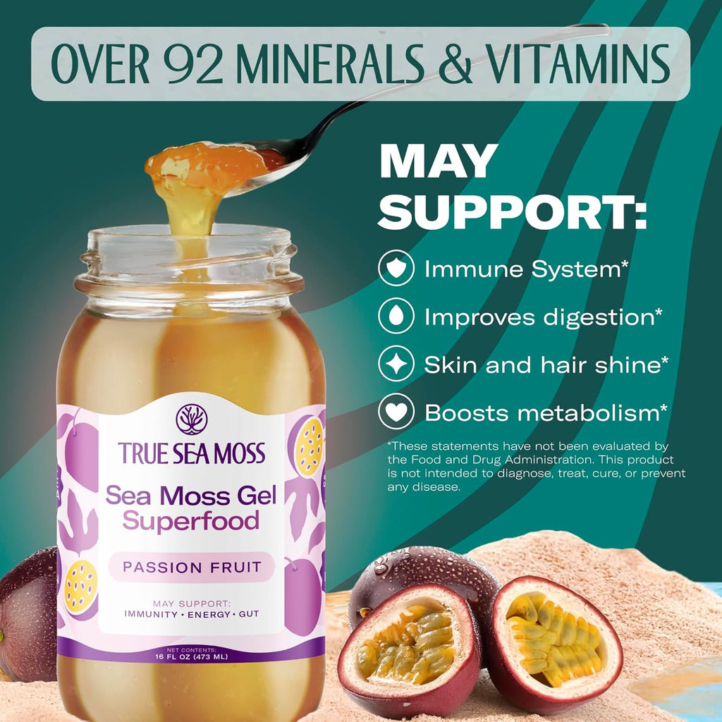 TrueSeaMoss Sea Moss Gel – Made in USA – Wildcrafted Seamoss, Fresh Fruits & Sea Vegetables – Passion Fruit, Pack of 1 (Labels may Vary)