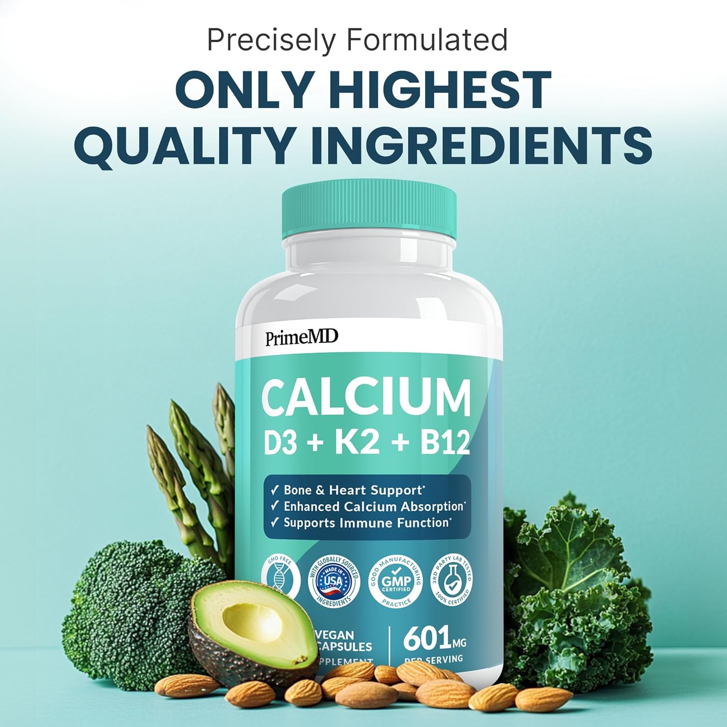 4-in-1 Calcium Supplements for Women and Men - Calcium with Vitamin D3 K2 5000 IU Supplement, 601mg per Serving for Heart, Bones & Body Defenses - Gluten-Free, Vegan-Friendly (480 ct)