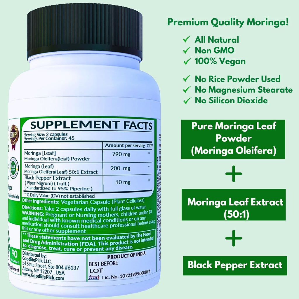 Premium Moringa Capsules. with Black Pepper from Handpicked Moringa Leaves with 50:1 Extract & Moringa Powder for Overall Wellness 90ct AllNatural NonGMO Lab-Tested No Rice Powder No Filler Vegan
