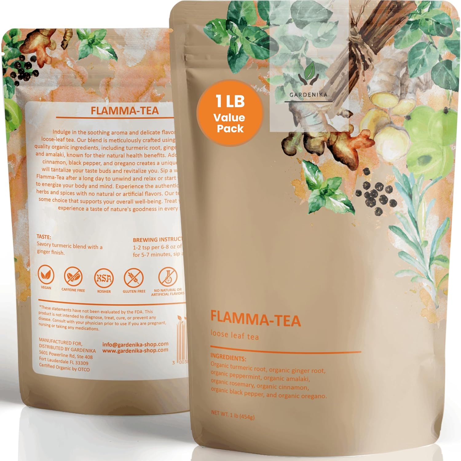 Gardenika Organic Flamma-tea Loose Leaf Turmeric Ginger Tea | with Cinnamon & Pepper | 100% Natural | Caffeine Free | Herbal Wellness Tea | Premium Blend | 1 lb (454g)