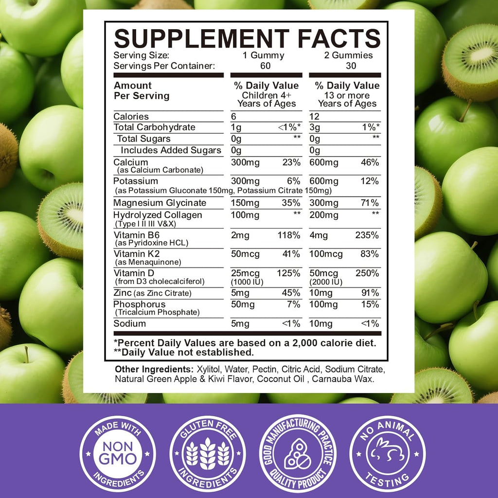 Calcium Potassium Magnesium Gummies for Kids & Adults, Magnesium Potassium Calcium Supplement for Kids, Sleep, Bone Strength, Density Support, Sugar Free, Juice Apple & Kiwi Flavor, 60 Gummies