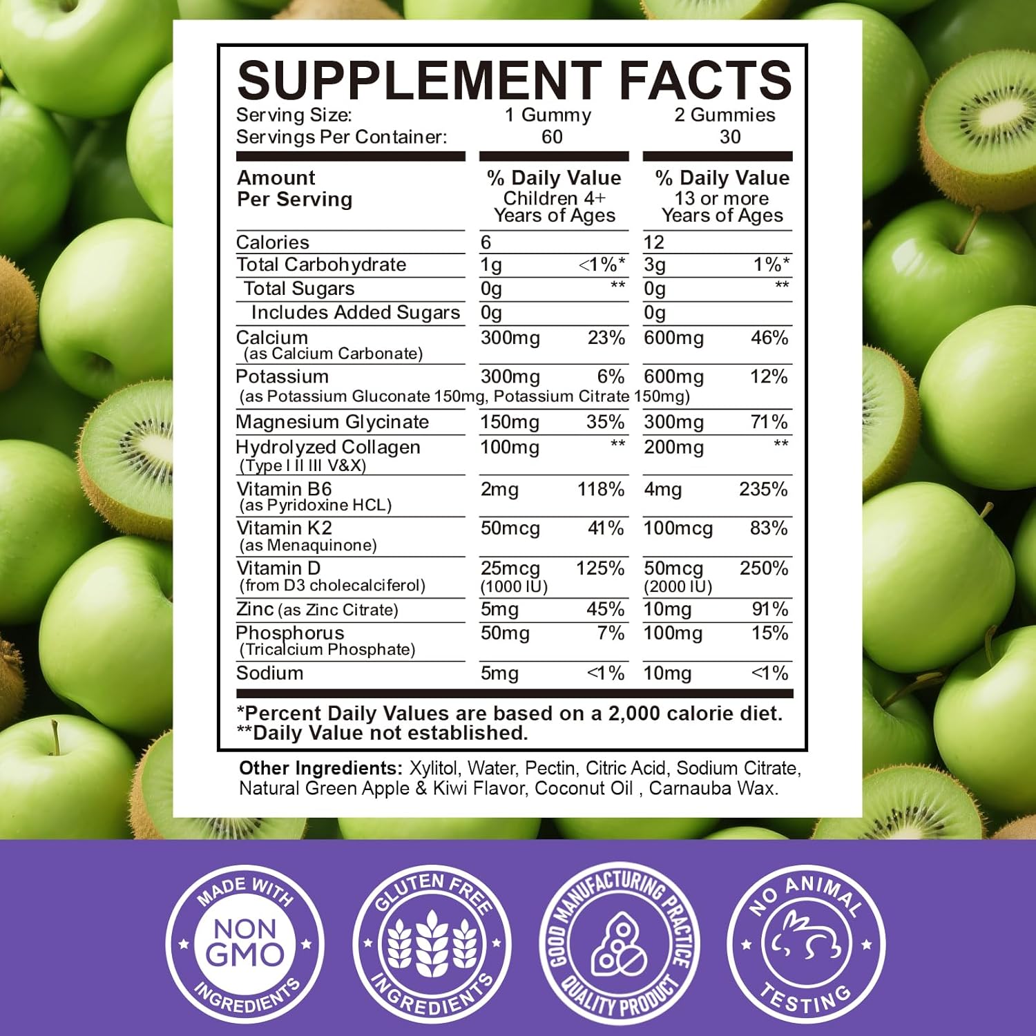 Calcium Potassium Magnesium Gummies for Kids & Adults, Magnesium Potassium Calcium Supplement for Kids, Sleep, Bone Strength, Density Support, Sugar Free, Juice Apple & Kiwi Flavor, 60 Gummies