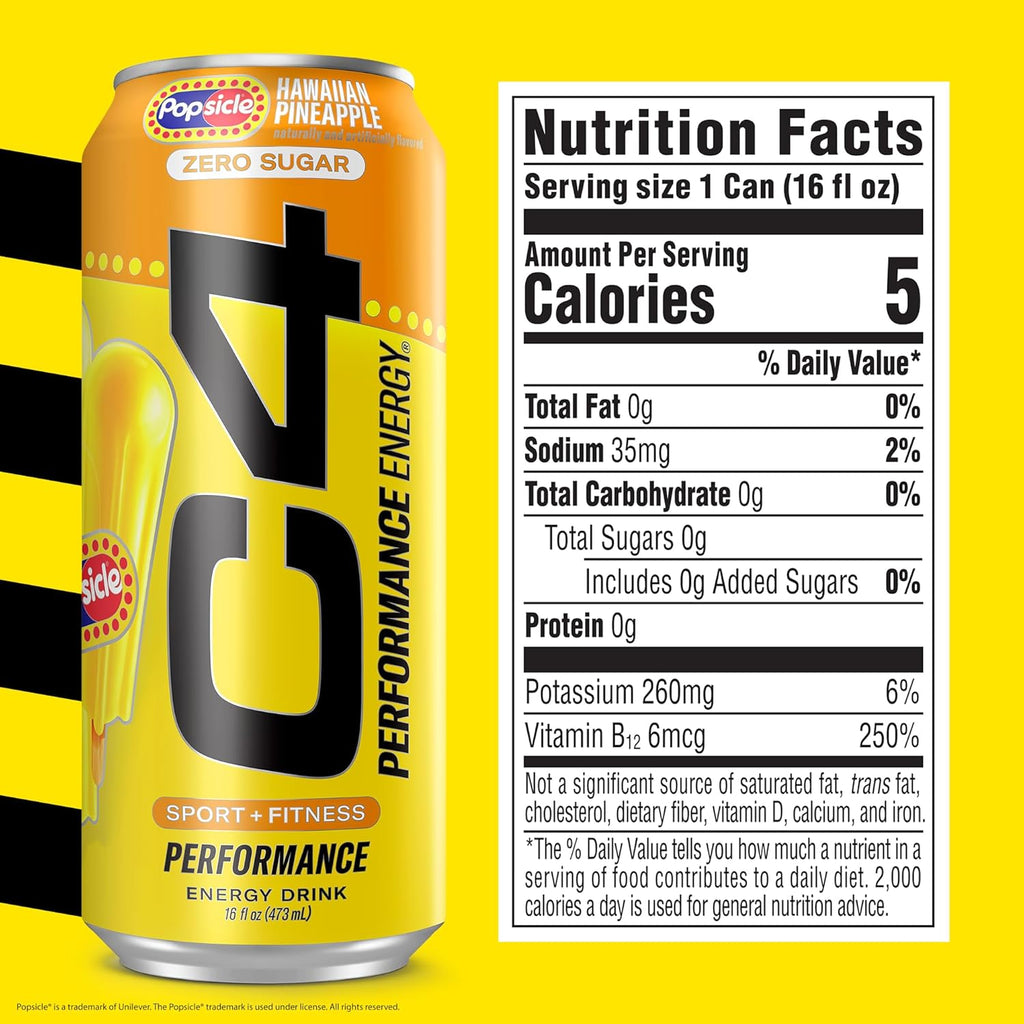 Cellucor C4 Energy Drink x Hawaiian Pineapple Popsicle, Carbonated Sugar Free Pre Workout Performance Drink with no Artificial Colors or Dyes, 16 Oz, Pack of 24