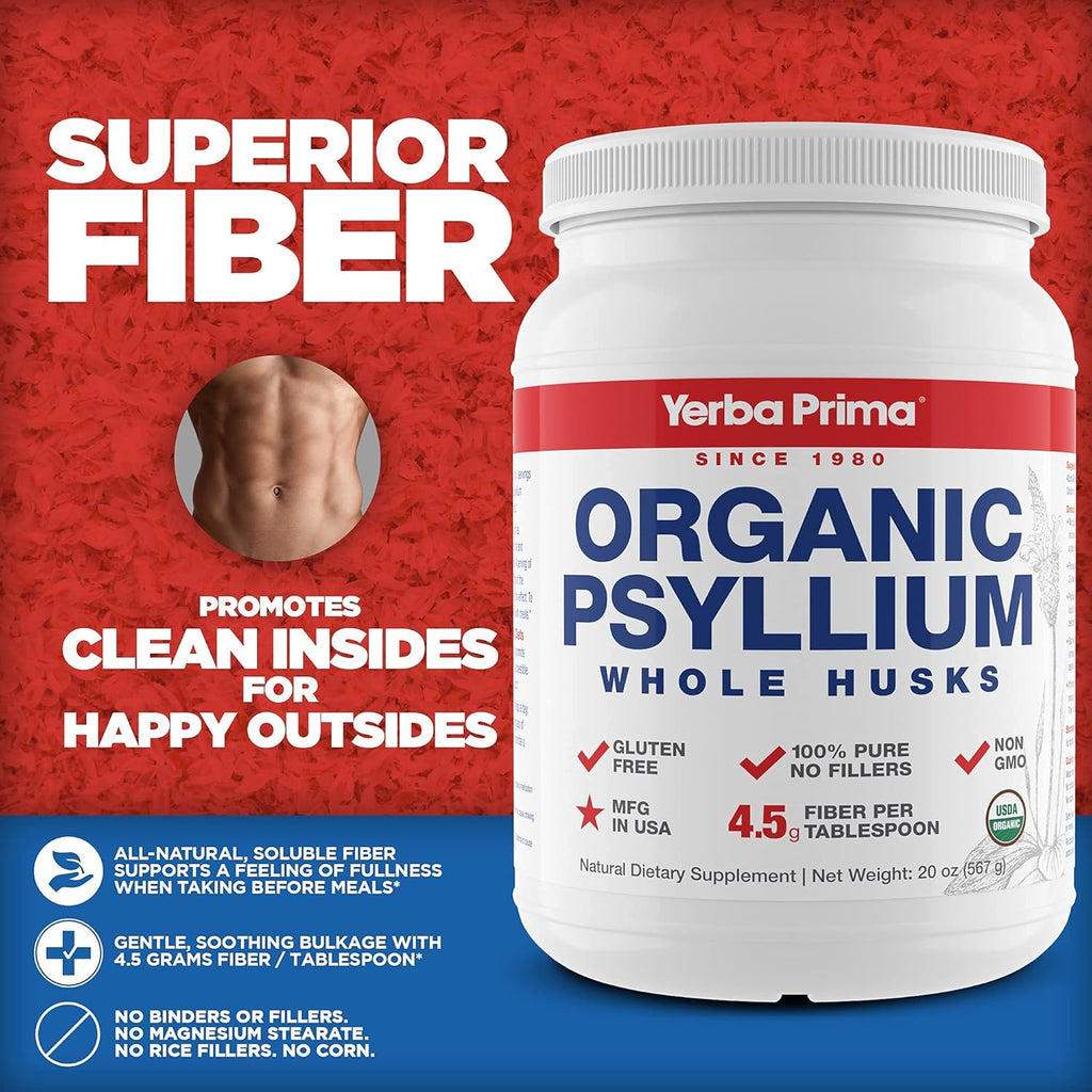 Yerba Prima Organic Psyllium Whole Husks Colon Cleanser - 20 oz - Natural Daily Dietary Fiber Supplement 20oz, Colon Cleanser, Regularity & Detox Cleansing Support, Gluten Free, Non GMO, Vegan