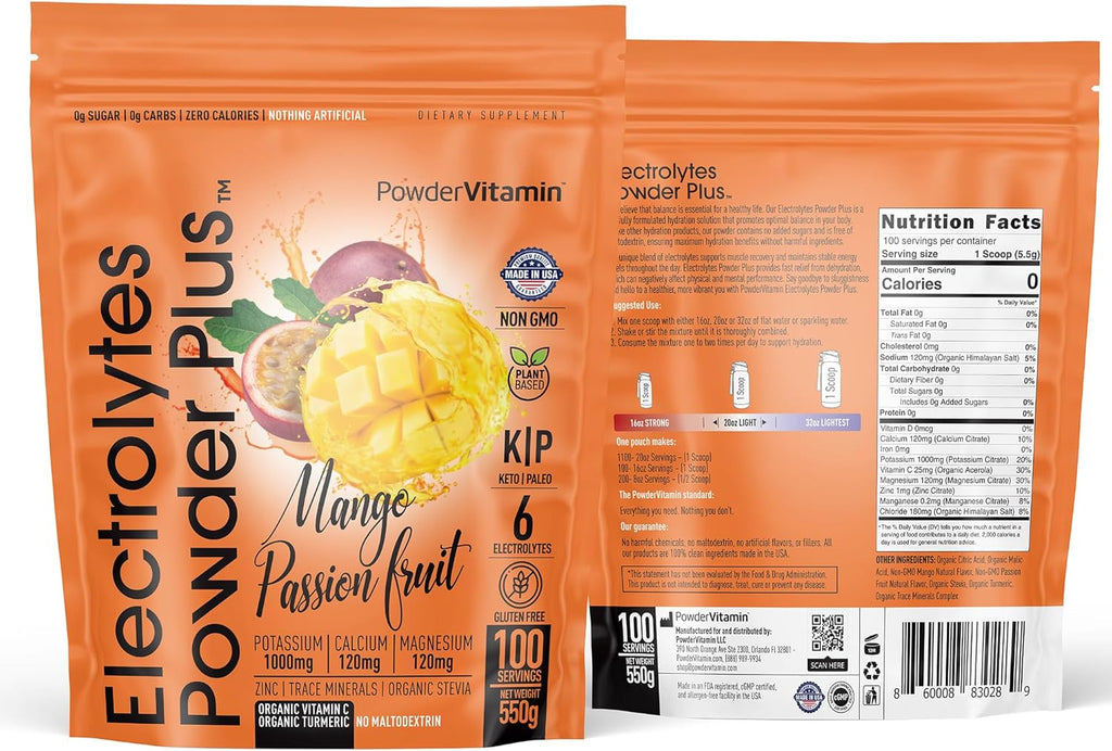 PowderVitamin Electrolytes Powder Plus (100 Servings) Mango Passionfruit Electrolyte Powder Zero Calorie Keto,0Sugar, No Maltodextrin,1000mg Potassium,120mg Calcium,120mg Magnesium, Hydration Powder