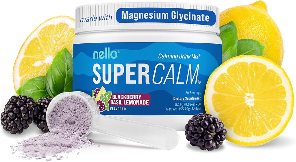 Nello Supercalm Powdered Drink Mix Tub, Cortisol Reducer* and Sleep Aid Supplement, L Theanine, Ksm-66 Ashwagandha, Magnesium Glycinate, Vitamin D 3, No Sugar, Non GMO, 30 Ct, BlackBerry Basil