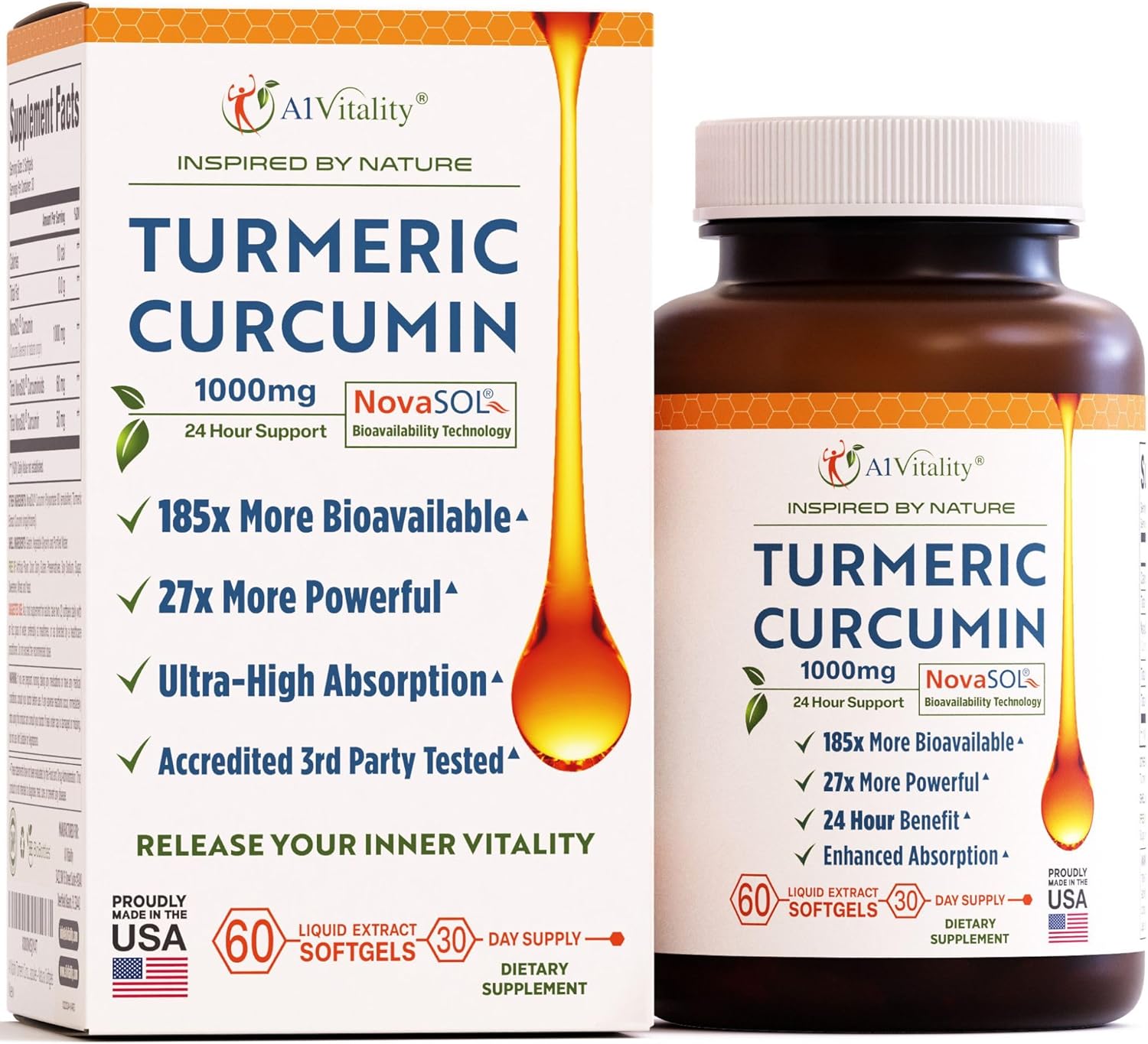 A1Vitality NovaSOL Turmeric Curcumin 1000mg – Clinically Proven 185x Higher Absorption – Promotes Joint Comfort, Mobility & Overall Wellness – Non-GMO, Doctor Formulated, 60 Softgels.