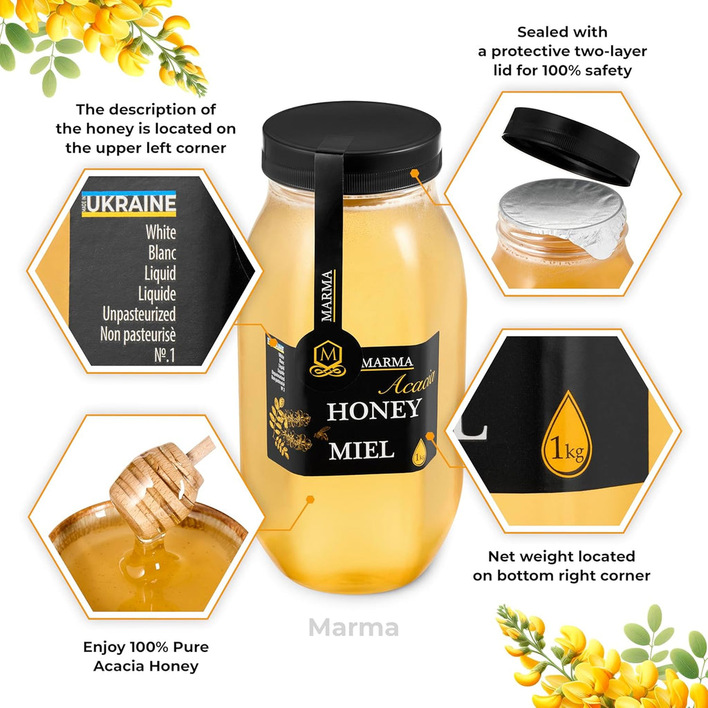 HONIGMA® Marma Acacia Honey | Authentic Raw Honey from Ukraine | 100% Pure & Unpasteurized | 1000g/35.2oz | May Arrive Partially Crystallized | Pack of 4