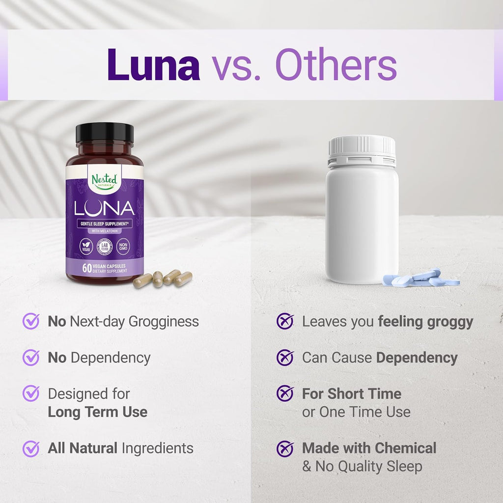 Nested Naturals Luna Sleep Aid - Non-Habit Forming Natural Sleeping Pills for Adults with Naturally Sourced Ingredients - Valerian Root, Melatonin, Chamomile, Lemon Balm, and More - 60 Vegan Capsules