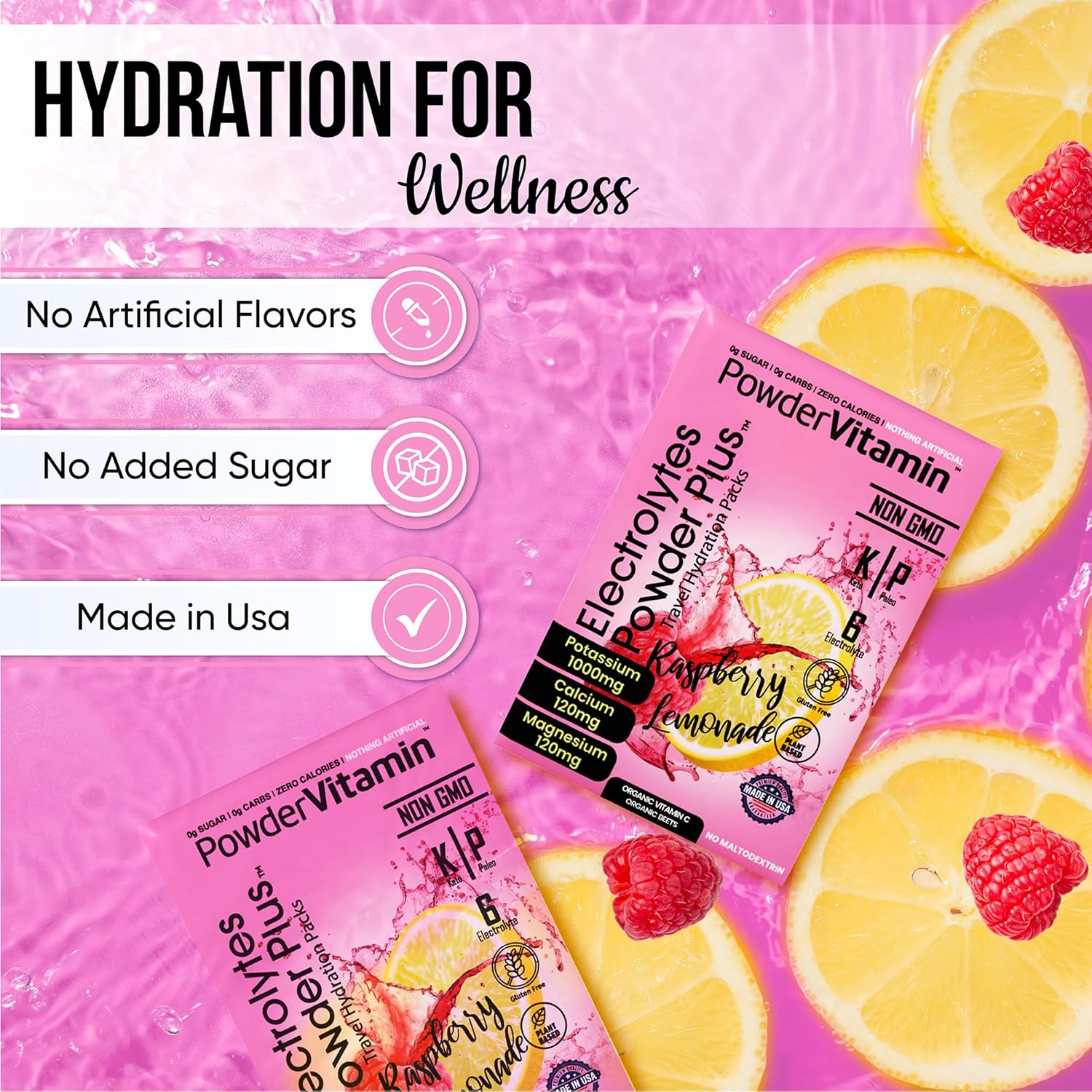 PowderVitamin Electrolytes Powder Plus, Keto, Raspberry Lemonade, Sugar Free, Pink Himalayan Salt, 1000mg Potassium, 120mg Calcium, 120mg Magnesium, Non-GMO, Zero Calories, (16 Hydration Packets)