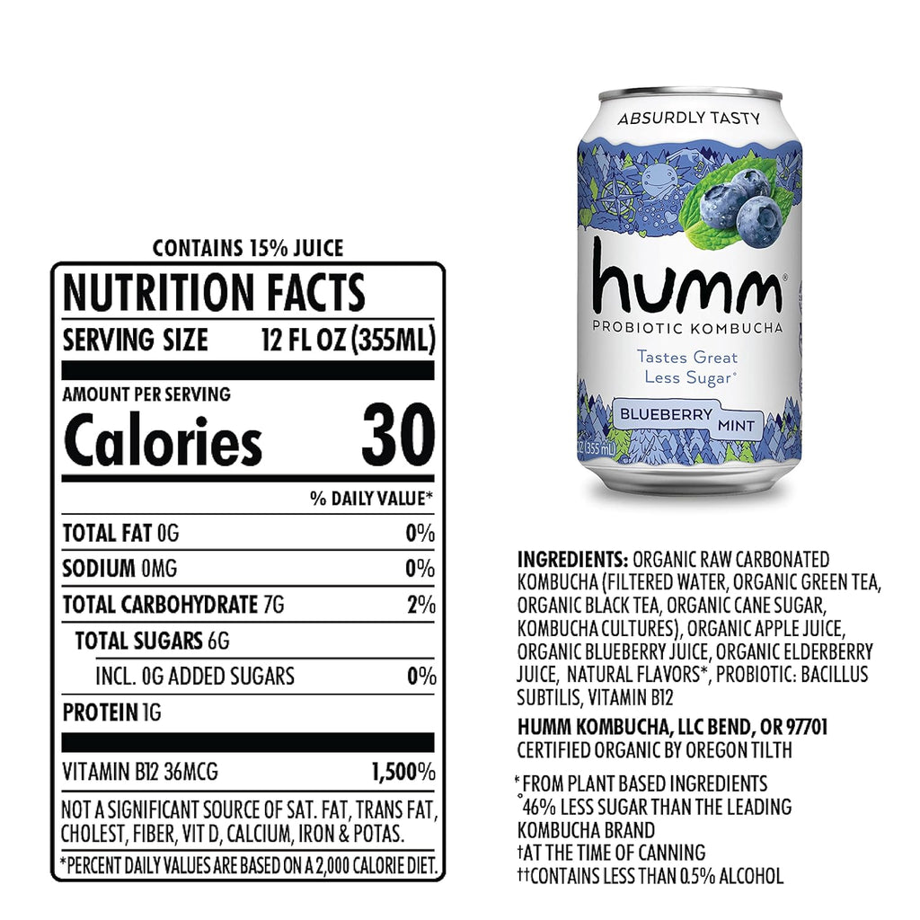 Humm Kombucha Blueberry Mint, Organic, Vegan & GMO Free (24 Pack)