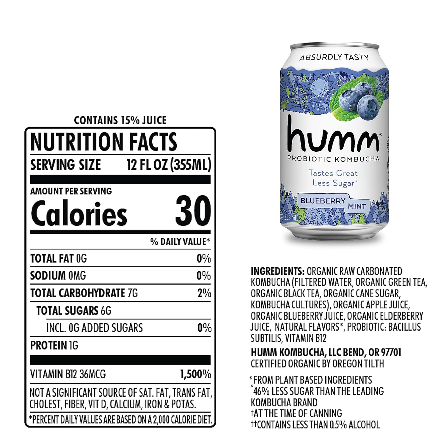 Humm Kombucha Blueberry Mint, Organic, Vegan & GMO Free (24 Pack)