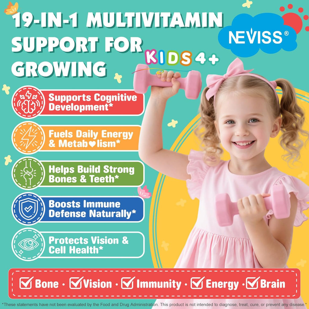 NEVISS Multivitamin for Kids Teen Soft Chews, Vitamin Gummies w/Omega 3 DHA, Calcium, Choline, Methyl B12 D3 K2 Folate & B Complex for Children's Brain, Bone, Immune and Healthy Growth, 60 Day Supply