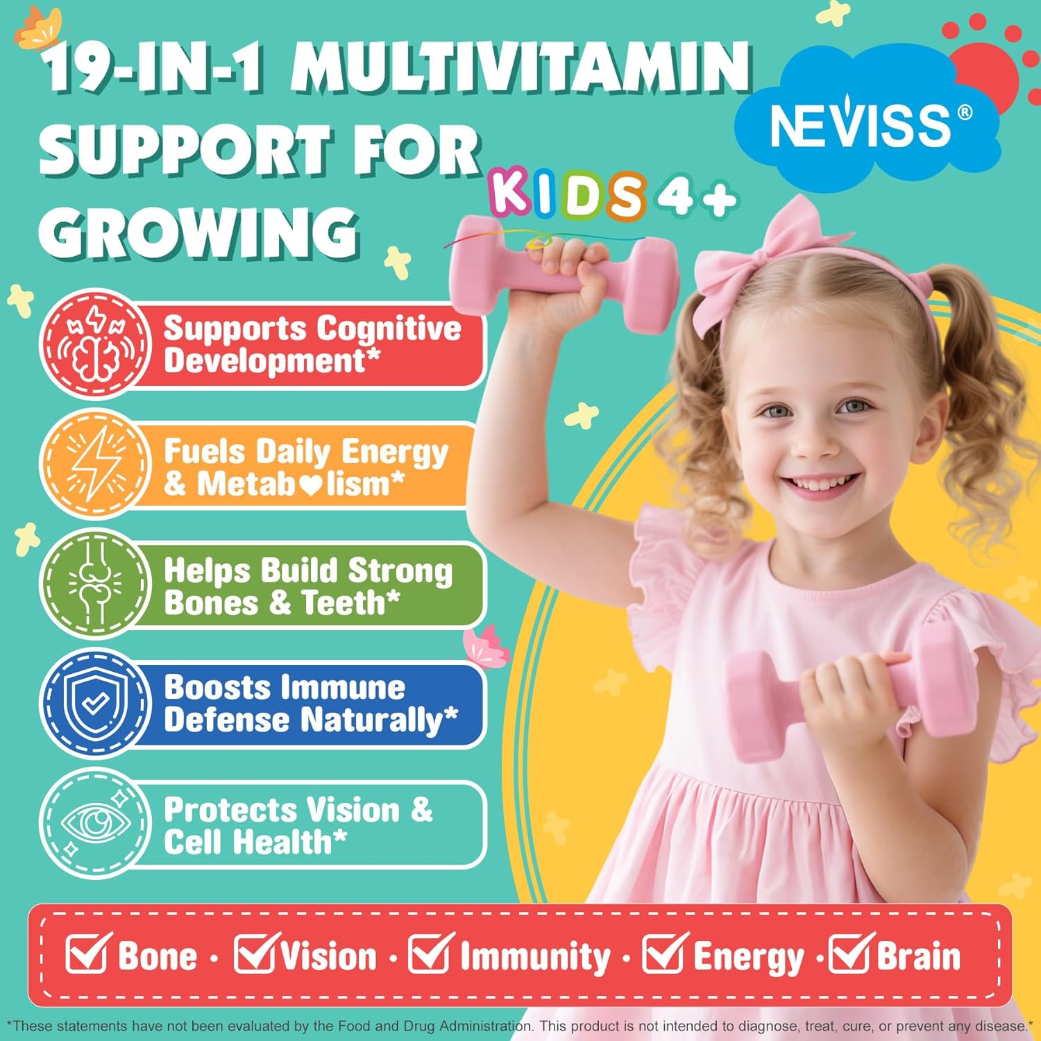 NEVISS Multivitamin for Kids Teen Soft Chews, Vitamin Gummies w/Omega 3 DHA, Calcium, Choline, Methyl B12 D3 K2 Folate & B Complex for Children's Brain, Bone, Immune and Healthy Growth, 60 Day Supply