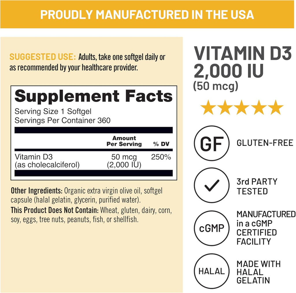 NatureWise Vitamin D3 2000iu (50 mcg) 1-Year Supply for Immune Support, Healthy Muscle Function, and Bone Health - Non-GMO, Gluten Free in Organic Extra Virgin Olive Oil, (Mini Softgel), 360 Count