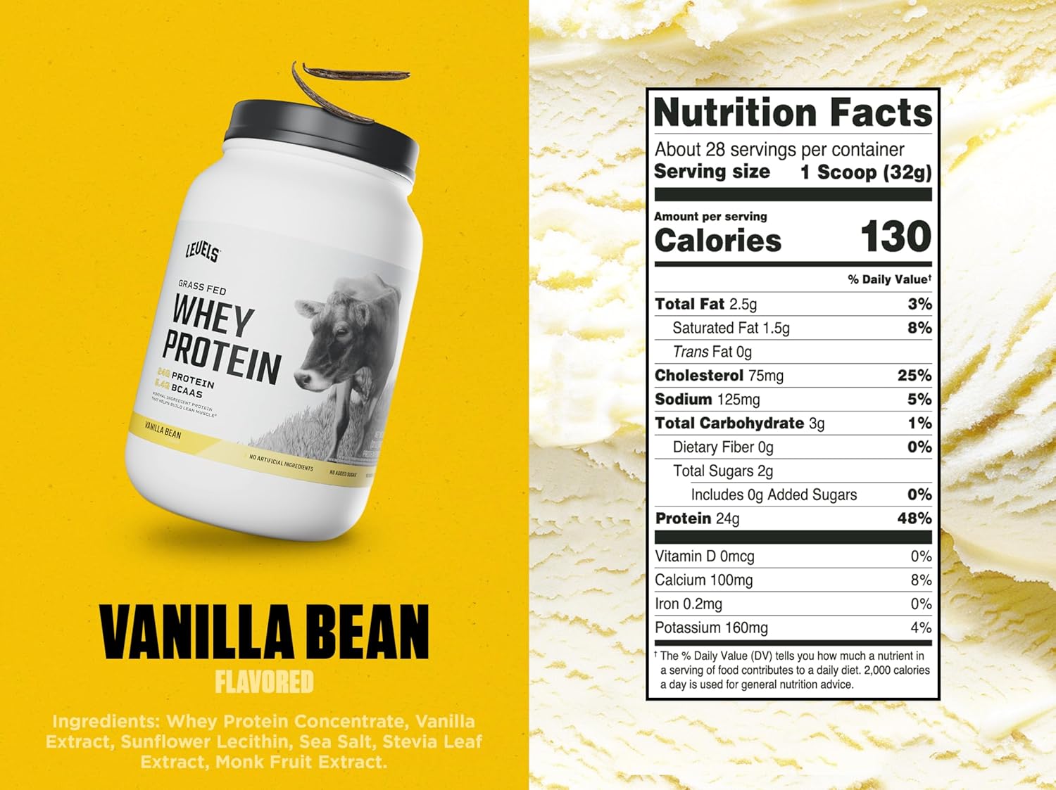 Levels Grass Fed Whey Protein Powder, No Artificials, 24G of Protein, Vanilla Bean, 2LB