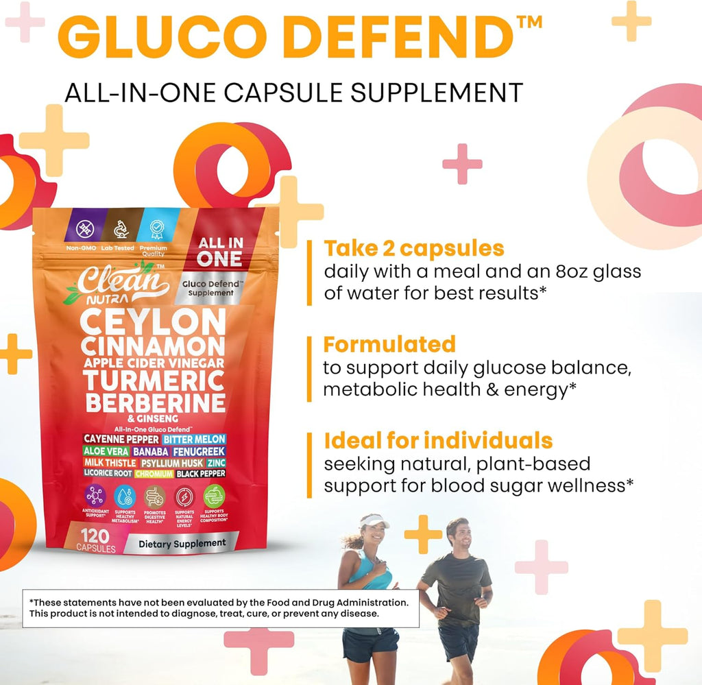 Ceylon Cinnamon Capsules + Apple Cider Vinegar Turmeric Berberine Supplement Ginseng Cayenne Pepper Bitter Melon Aloe Vera Fenugreek Milk Thistle Chromium 120 Pills Gluco Defend by Clean Nutra