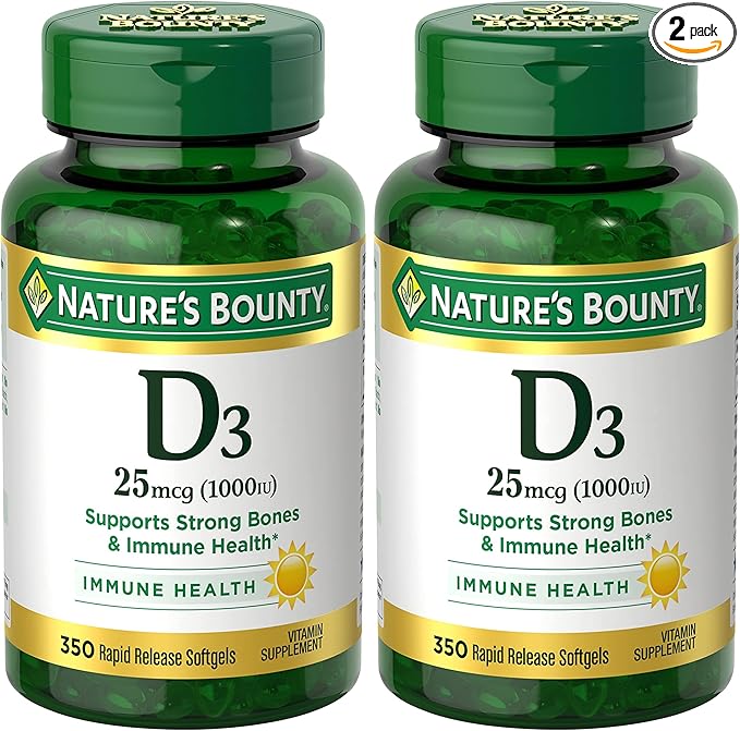 Nature's Bounty Vitamin D3 1000 IU Softgels, Immune Support, Promotes Healthy Bones, 1 Softgel per Day, Gluten Free, 350 Count (Pack of 2)