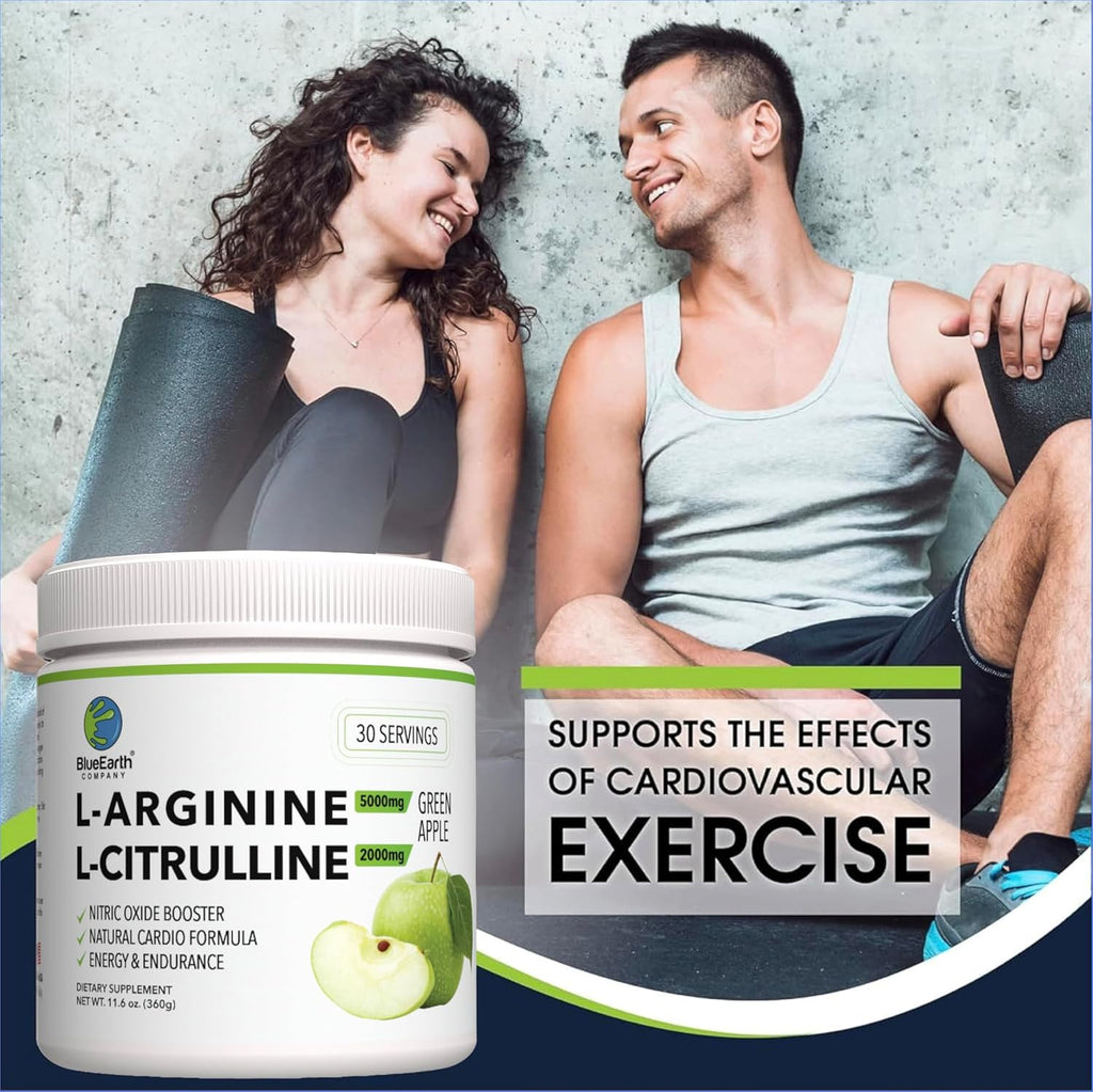 L-Arginine 5000mg + L-Citrulline 2000mg Complex Powder Supplement Drink Mix - Nitric Oxide Booster for Heart Health, Blood Flow & Energy - 30 Servings (Green Apple)