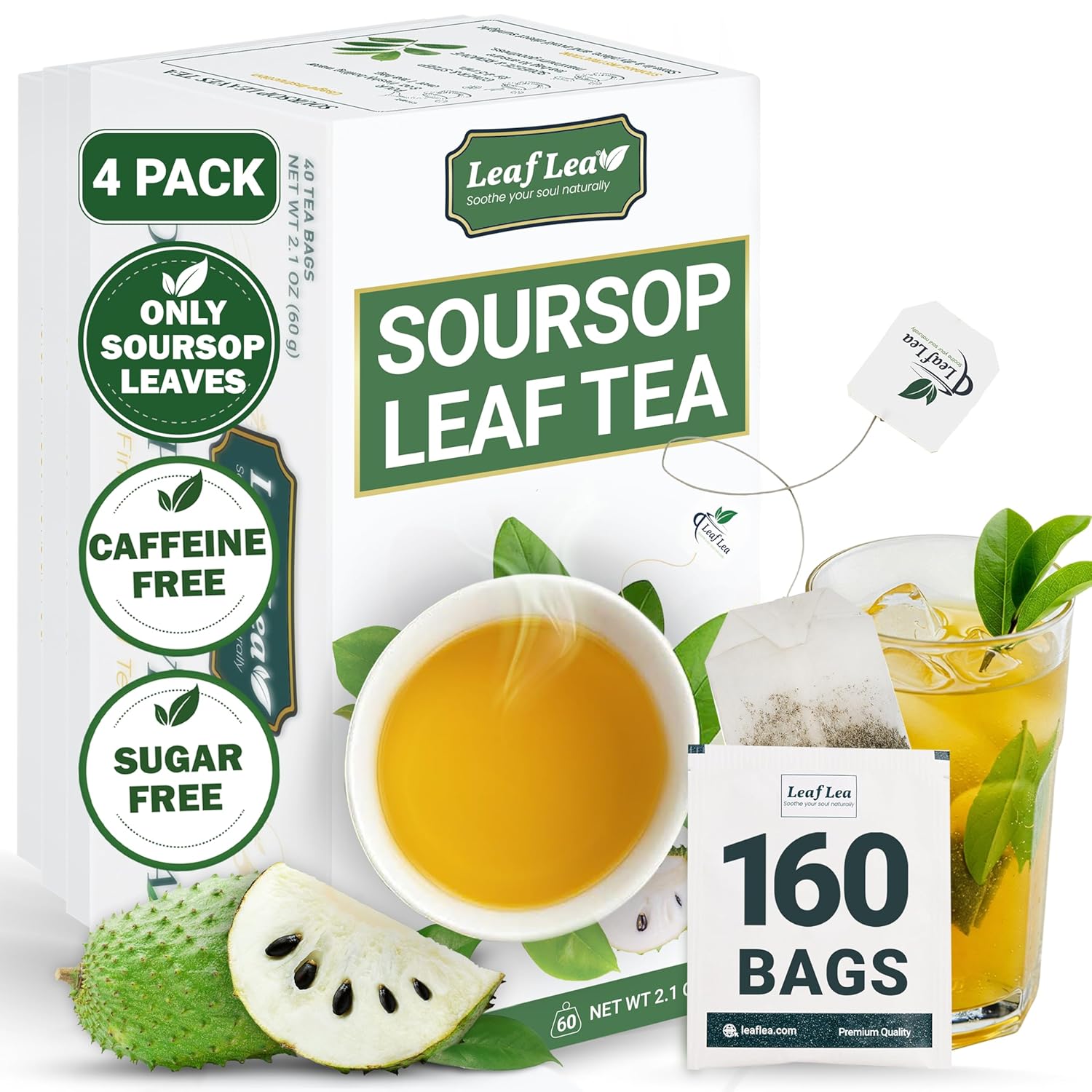 LeafLea 160 Premium Soursop Tea Bags, Natural & Pure Sour sop Graviola Tea Leave, Hoja Guanabana Leaf Herbal Tea Bags Variety Pack of 4, Digestive Support, Nutrient-Rich, Vegan, Sugar/Caffeine Free