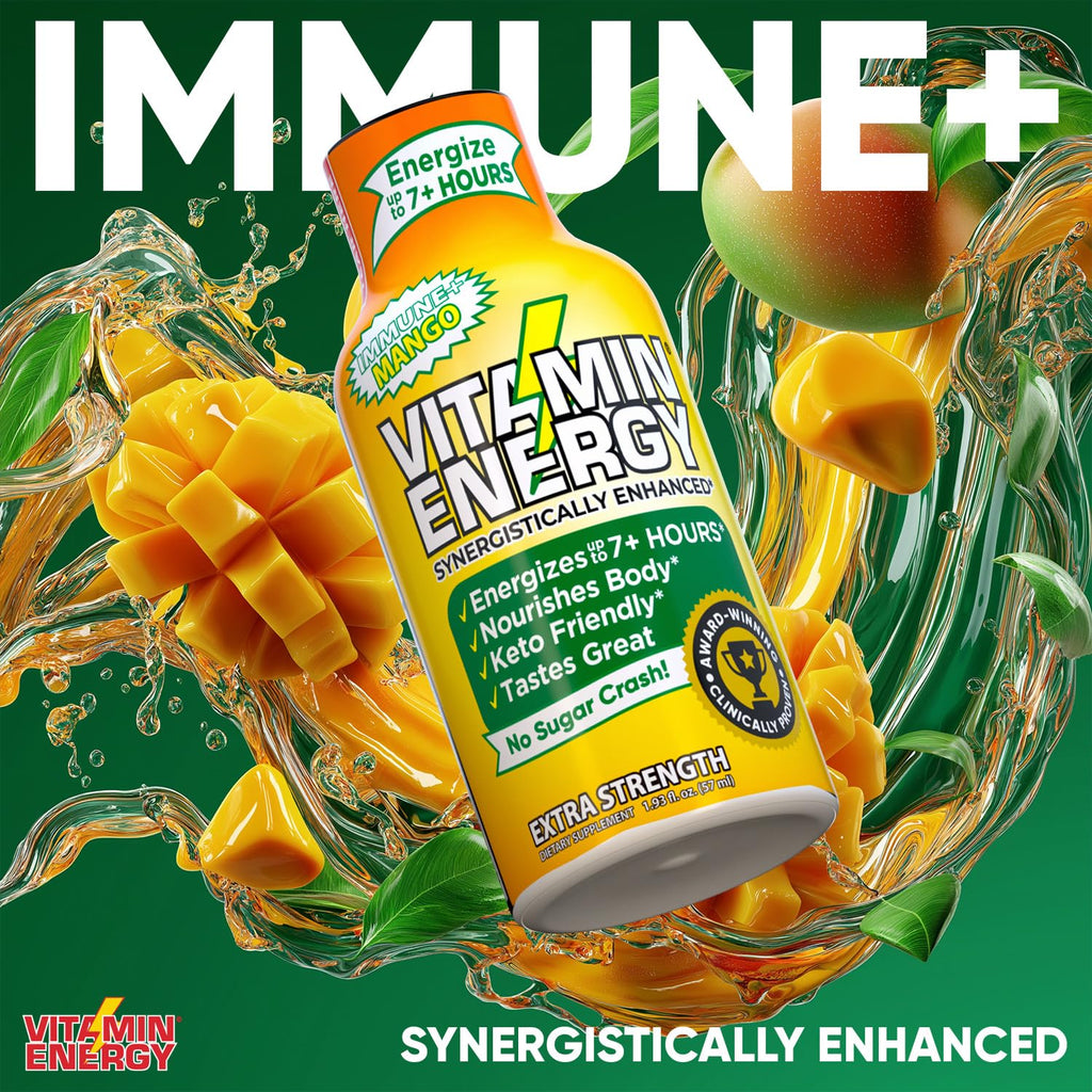 Vitamin Energy Immune+ Extra Strength Energy Shot Mango 24 Pack, 260mg Natural Caffeine, B-Vitamins, Citicoline, Green Tea, Immunity & Focus Support, Zero Sugar, Gluten-Free 1.93 fl oz