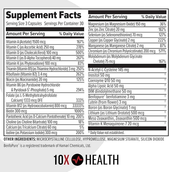 10X Health Optimize Multivitamin for Men - 90 Capsules, Methylated Multivitamin 34 in 1 Formula with 800 mcg of Vitamin B12, 5-MTHF, NAC - Methyl B Complex