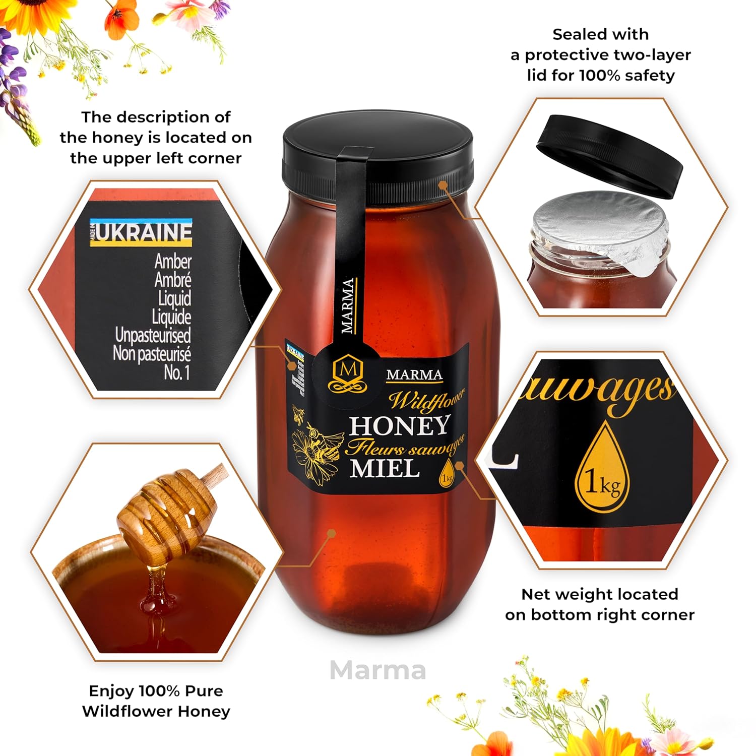 HONIGMA® Marma Wildflower Honey | Authentic Raw Honey from Ukraine | 100% Pure & Unpasteurized | 1000g/35.2oz | May Arrive Crystallized or Partially Crystallized | Pack of 2