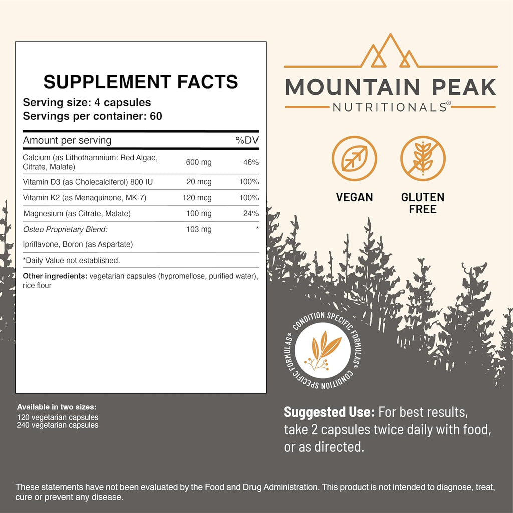 Mountain Peak Nutritionals Osteo Supplement - Organ & Strong Bone Support, Promotes Bone Health - With Vitamins D3, K2, Calcium, and Magnesium - Bone Building & Strengthening (240 Vegetarian Capsules)