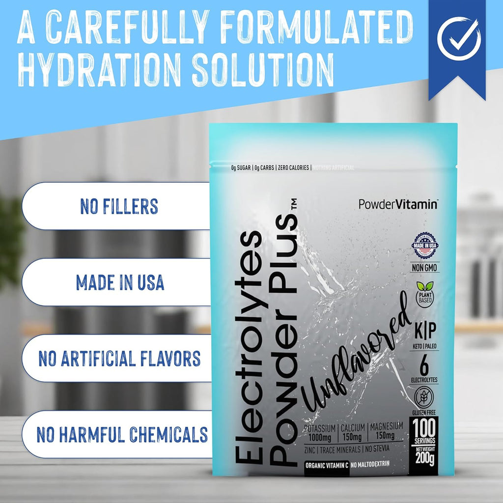 PowerVitamin Unflavored Electrolytes Powder No Sugar for Daily Energy - Keto Electrolytes - Hydration Powder with 1000mg Potassium, 120mg Calcium, Magnesium, No Stevia, 100 Servings