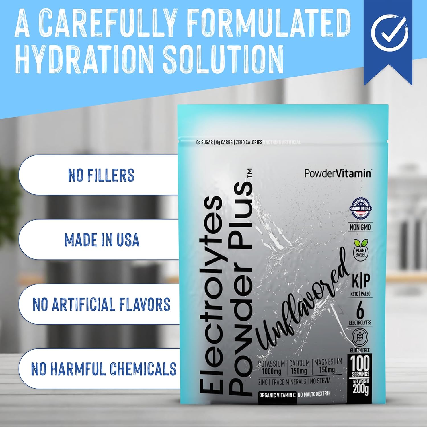 PowerVitamin Unflavored Electrolytes Powder No Sugar for Daily Energy - Keto Electrolytes - Hydration Powder with 1000mg Potassium, 120mg Calcium, Magnesium, No Stevia, 100 Servings