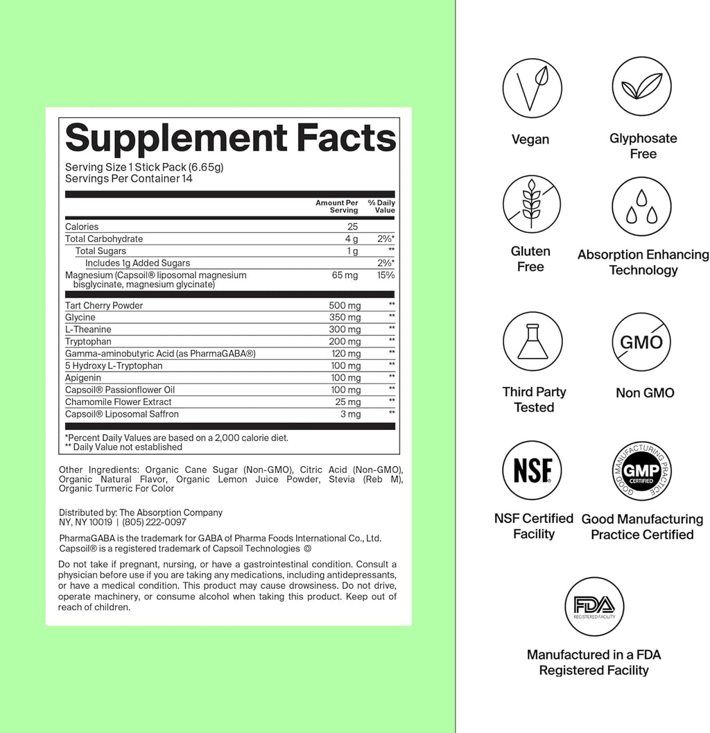 Sleep Aid Powder - Calming Drink for Deep Sleep with Liposomal Saffron, Magnesium & PharmaGABA Melatonin-Free Natural Supplement to Reduce Stress and Improve Sleep Quality Chamomile Lemonade 14 Sticks