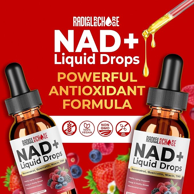 NAD+ Liquid Drops – with Resveratrol, Quercetin, Niacin & TMG – 10-in-1 Nutrient Support Formula for Cellular Energy & Wellness – Mixed Berry Flavor – 2 fl oz