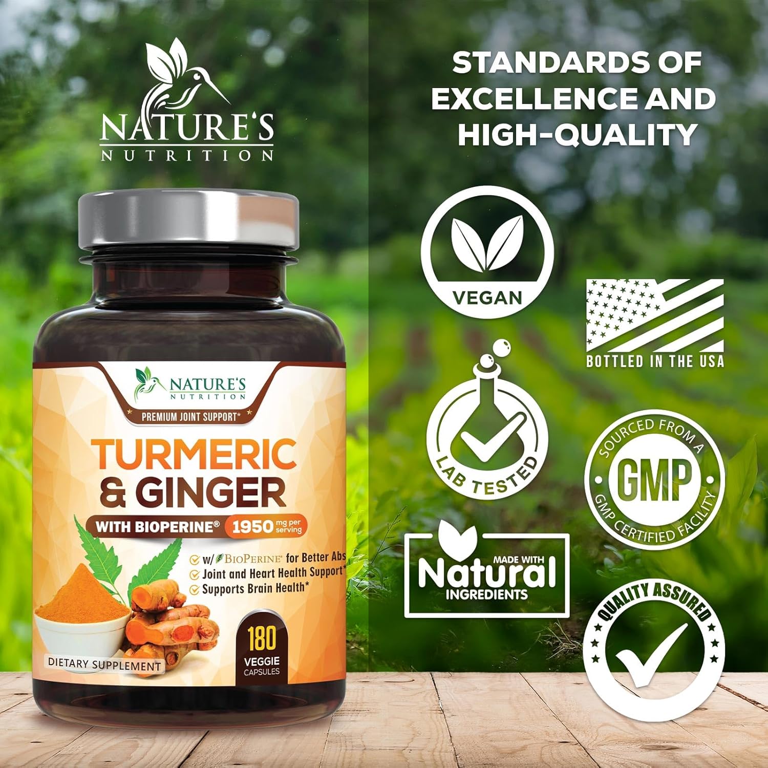 Turmeric Curcumin Supplement 1950mg - 95% Curcuminoids with Organic Turmeric & Ginger, BioPerine Black Pepper for Best Absorption, Nature's Vegan Joint Support, Non-GMO, Bottled in USA - 180 Capsules
