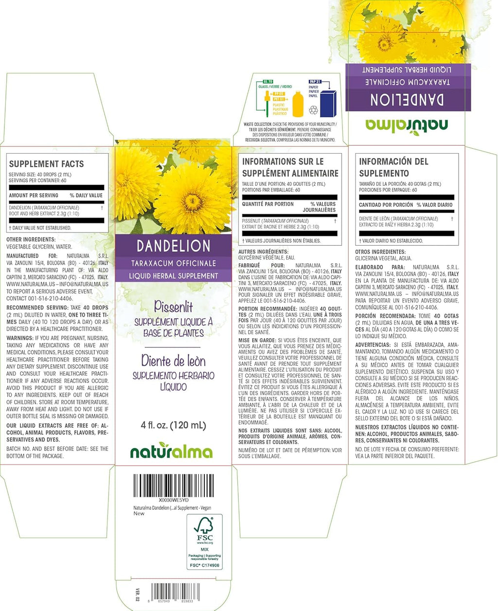 Naturalma Dandelion (Taraxacum officinale) Root and herb Alcohol-Free Tincture - 4 fl oz Liquid Extract in Drops - Herbal Supplement - Vegan