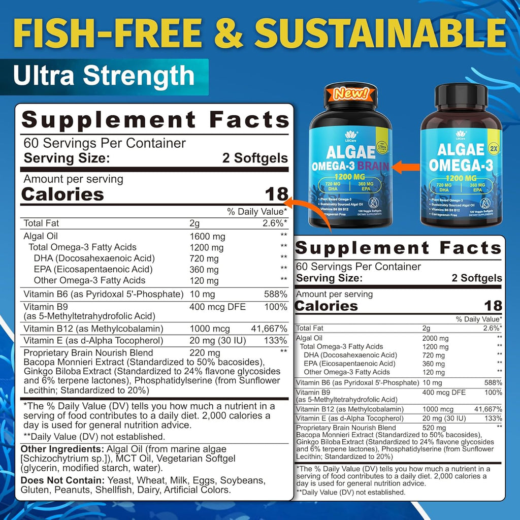 Vegan Omega 3 Supplement, 120cts Omega3 Fatty Acids Softgels, Fish Oil Alternative, Plant-Based DHA EPA, Algae Oil Omega-3 Supplement, No Fish Taste,Non GMO