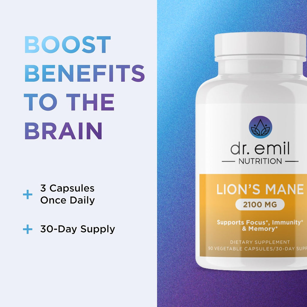 DR. EMIL NUTRITION 2100mg Organic Lions Mane Supplement Capsules - Focus, Mental Clarity & Cognition - Nootropic Lion's Mane Mushroom Supplement with Organic Lions Mane