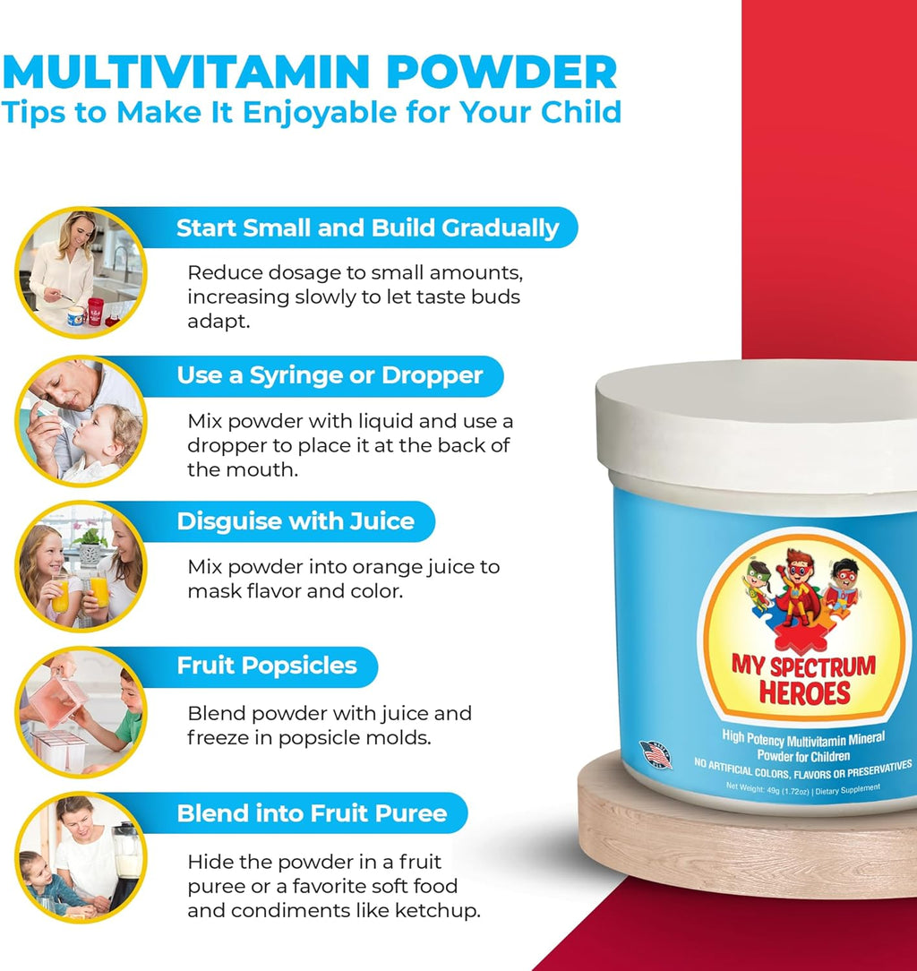 Kids Powder Multivitamin - Powder Supplement, Better Absorption, Non-GMO, Non-Gluten, No Artificial Ingredients - Neural Help for Children on The Spectrum - 30 Servings