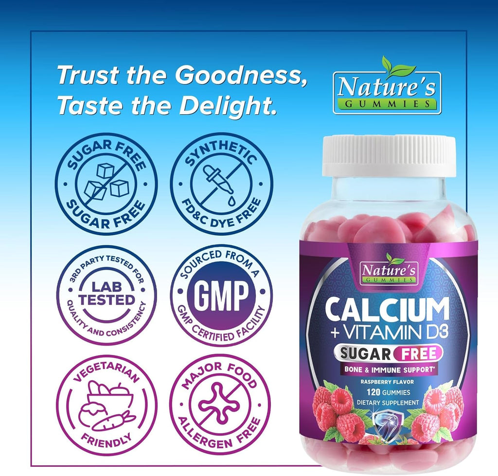 Sugar Free Chewable Calcium Gummy Vitamins - Plus 400 IU Vitamin D3 for Bone, Teeth, & Immune Health Support - Calcium Supplements for Women & Men Daily, Non-GMO, Berry Flavored - 120 Gummies