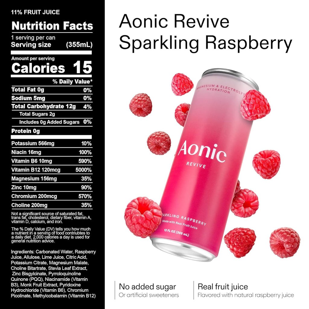 Aonic Revive Electrolyte Drink for Hydration & Recovery, No Added Sugar, Caffeine-Free with Magnesium,B Vitamins Naturally Flavored- 12 Fl Oz Cans (12-Pack), Variety - Pineapple, Raspberry, Orange & Passionfruit