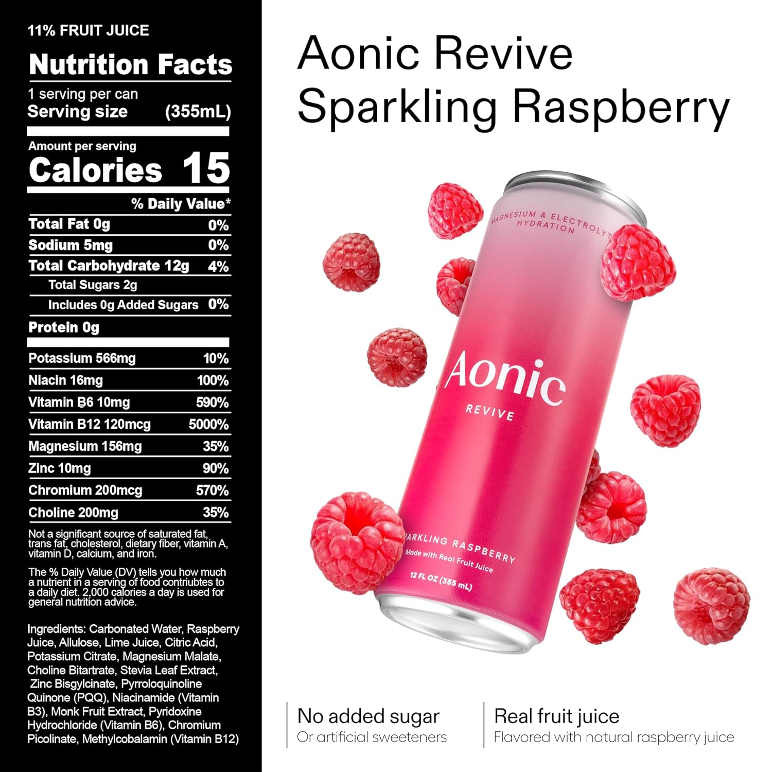 Aonic Revive Electrolyte Drink for Hydration & Recovery, No Added Sugar, Caffeine-Free with Magnesium,B Vitamins Naturally Flavored- 12 Fl Oz Cans (12-Pack), Variety - Pineapple, Raspberry, Orange & Passionfruit