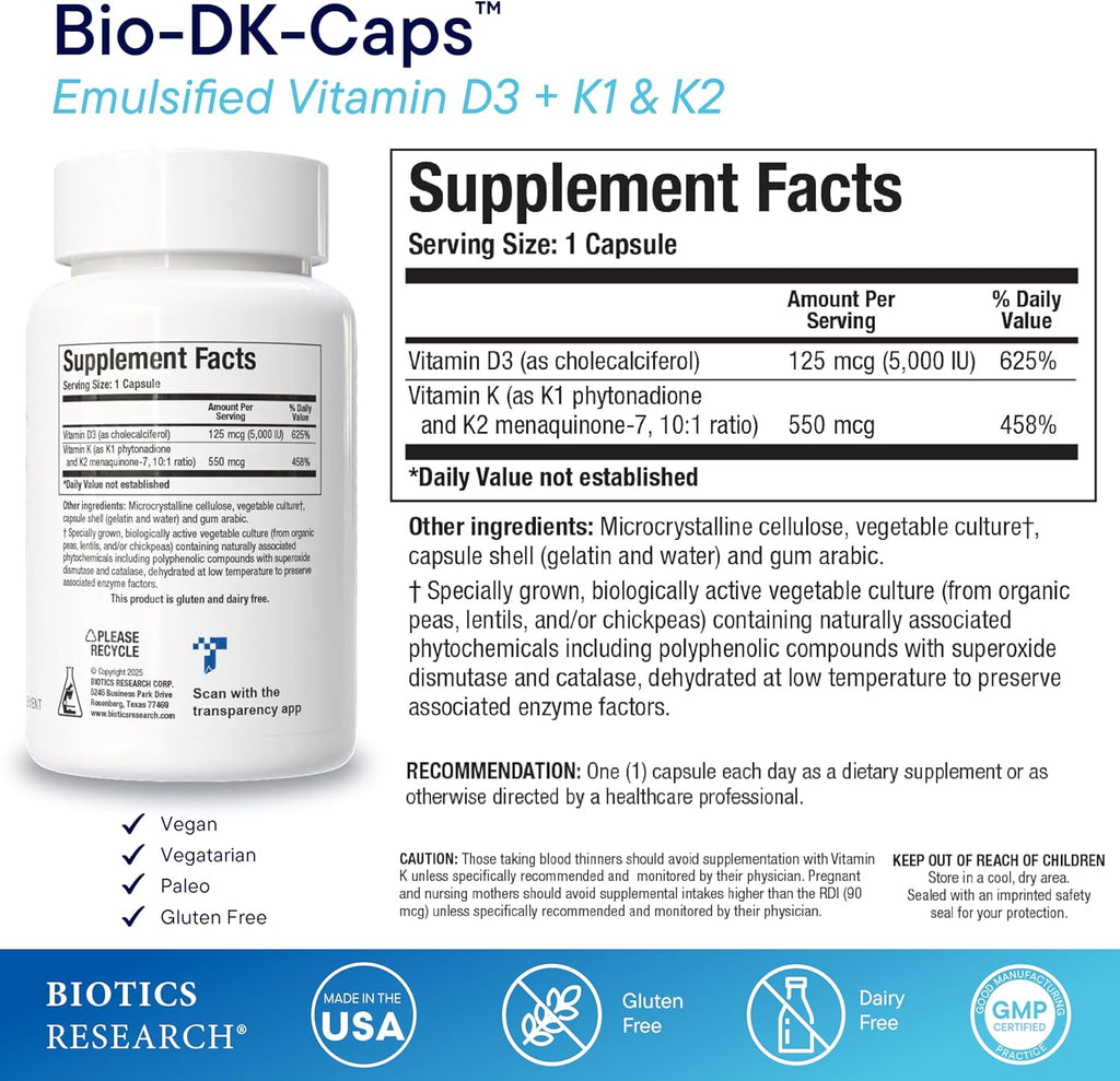 Biotics Research Bio-DK Caps™–Emulsified Vitamin D and K, Vitamin D3 125 mcg & Vitamin K (k1,k2) 550 mcg- MK7– Vitamin D3 K2 K1, Stronger Bones, Musculoskeletal Strength, Healthy Heart & BMI 60 Caps