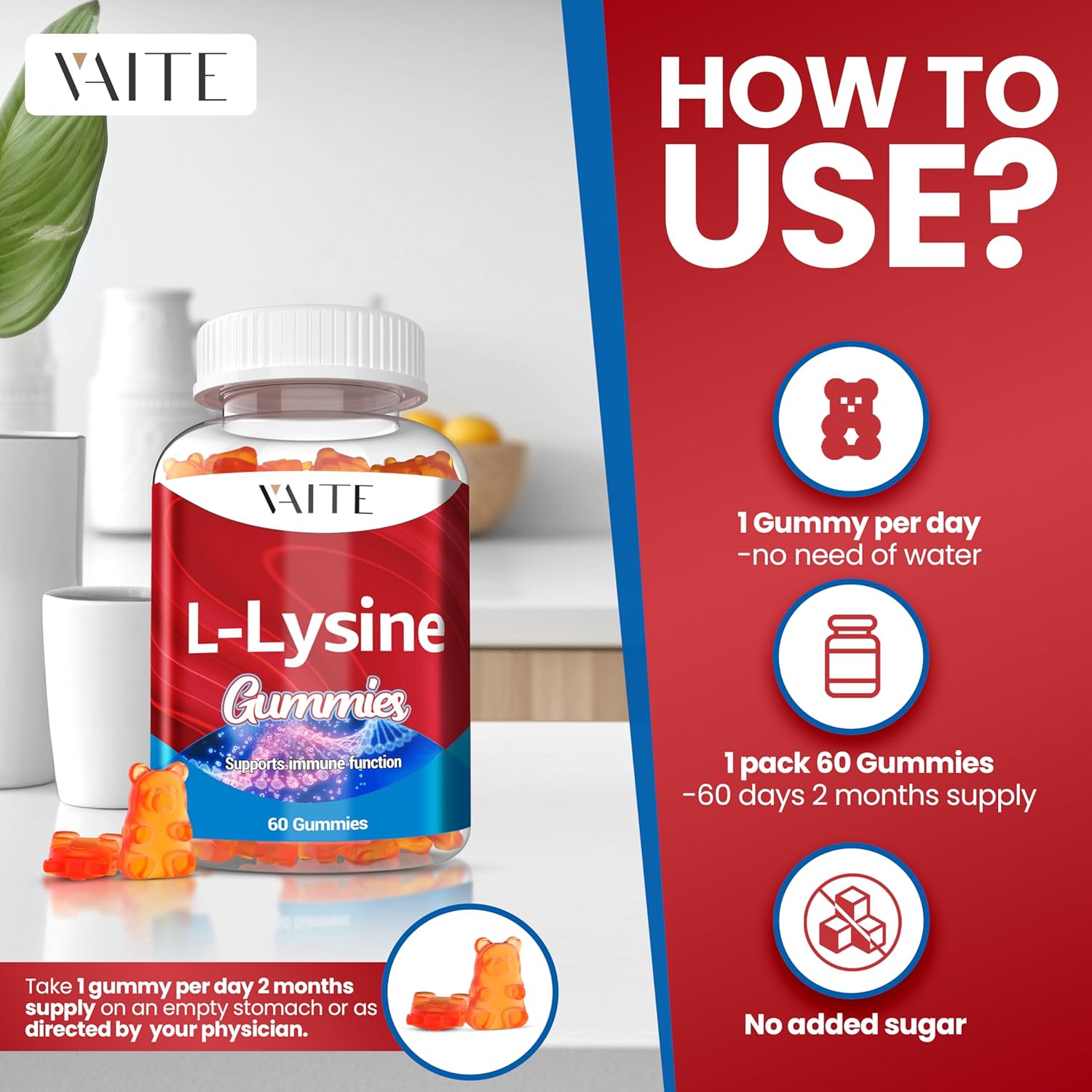 L-Lysine 1000mg Gummies - Supports Skin, Lip, Vegan, Gluten Free, 60 Chewable Lysine for Adults, Vitamins Tissue Health & Immune System, Amino Acid Vitamin Supplement & Complex Supplements (3 Pack)