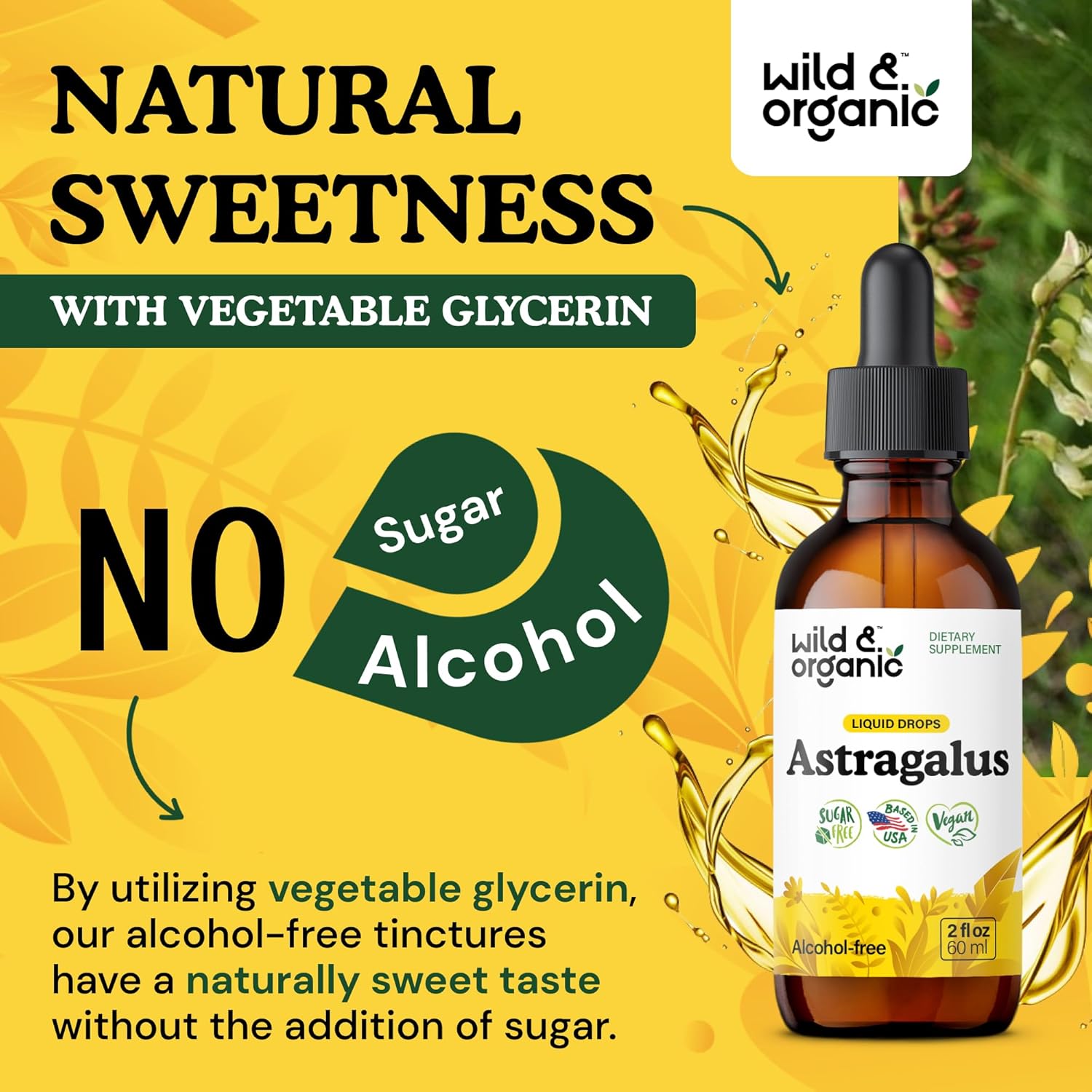 Wild & Organic Astragalus Tincture - Immune Support Drops w/Astragalus Root Extract - Herbal Supplement for Calmness & Relaxation - Vegan, Sugar & Alcohol Free - 2 fl oz