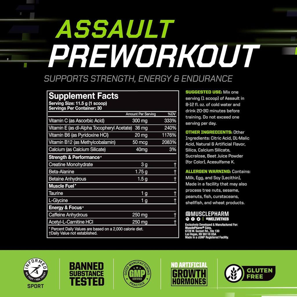 Muscle Pharm Assault Energy & Strength Pre Workout Powder for Men & Women with Beta Alanine, Caffeine, Creatine & Betaine Anhydrous, Pre-Workout Supplements, 30 Servings, Fruit Punch Flavor