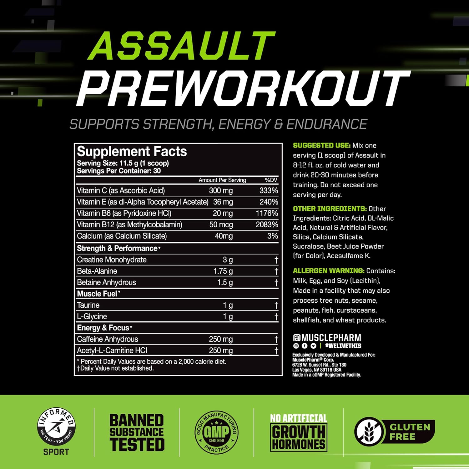 Muscle Pharm Assault Energy & Strength Pre Workout Powder for Men & Women with Beta Alanine, Caffeine, Creatine & Betaine Anhydrous, Pre-Workout Supplements, 30 Servings, Fruit Punch Flavor