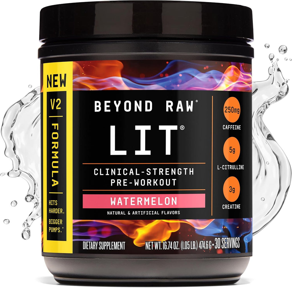 BEYOND RAW LIT V2 Clinical Strength Pre Workout Powder, Hits Harder, Bigger Pumps, Caffeine, L-Citrulline, Creatine, Watermelon, 30 Servings