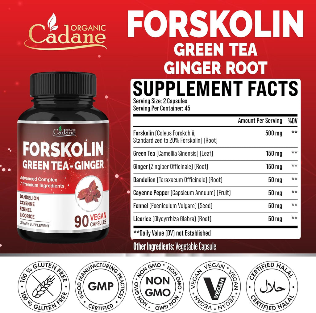 Organic Cadane Forskolin Supplement with Green Tea, Ginger, Dandelion, Cayenne, Fennel, and Licorice| Body Management & Energy Support | Vegan, Non-GMO – 90 Capsules – 45-Day Supply