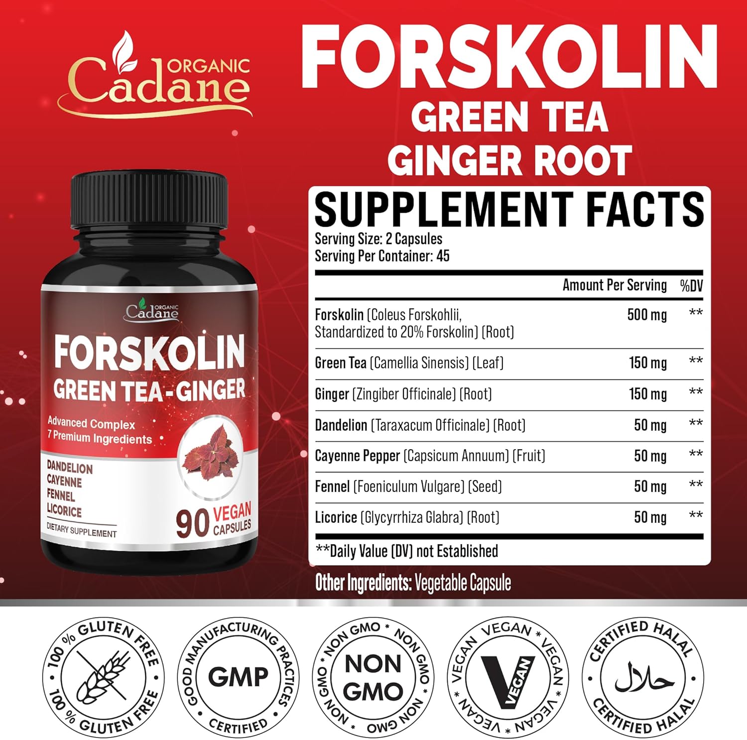 Organic Cadane Forskolin Supplement with Green Tea, Ginger, Dandelion, Cayenne, Fennel, and Licorice| Body Management & Energy Support | Vegan, Non-GMO – 90 Capsules – 45-Day Supply